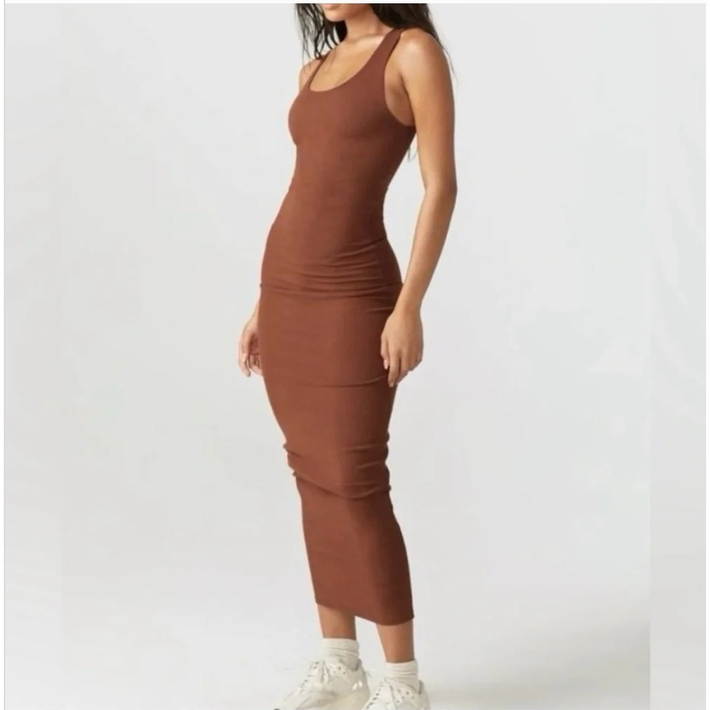 Joah Brown Bodycon Flexrib Dress Medium Large Brown Ribbed Maxi Minimalist Chic